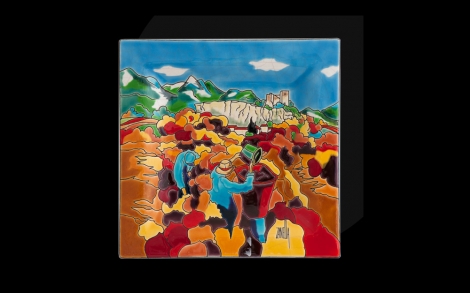 Kunst aus Porzellan Keramikteller und Tiere von Longwy Teller Cendrier Carre Standard Vendanges au Chateau